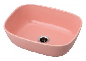 日本製の磁器製洗面ボウル「ハミングレクタングル（ももはな色）」。やわらかな長方形と上品なももはな（ピンク）色が魅力の、おしゃれでナチュラルな洗面空間に調和する国産陶器ボウル。