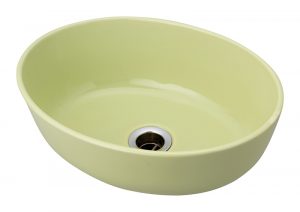 日本製の磁器製洗面ボウル「ハミングオーバル（もえぎ色）」。柔らかな曲線と淡いみどり色が特徴の、おしゃれでナチュラルな洗面空間に調和する国産陶器ボウル