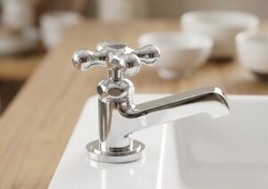 白い陶器製洗面ボウル L1105 ブランシュ 日本製水栓セット 付属の日本製水栓アップ
